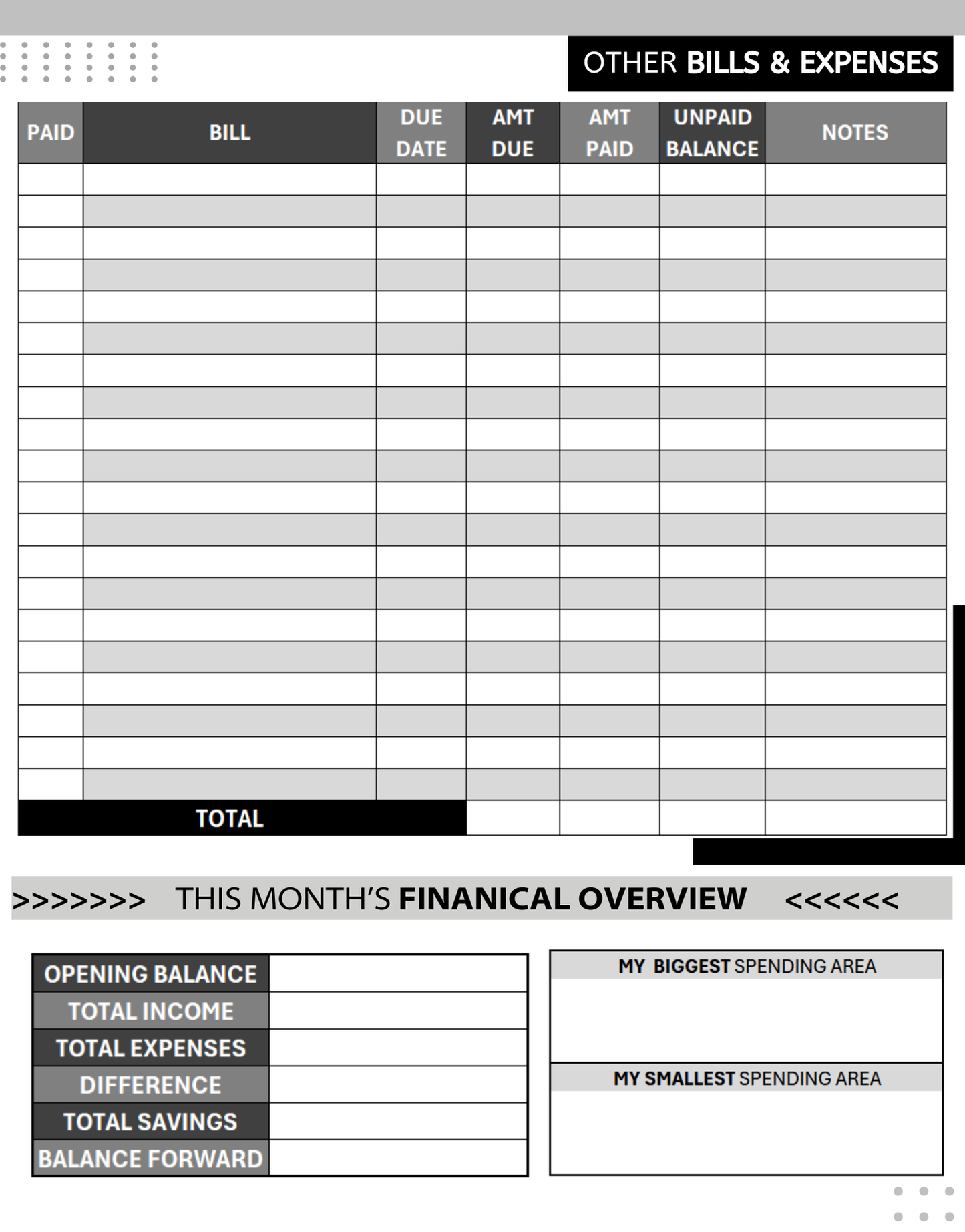 Monthly Bills Organizer and Tracker