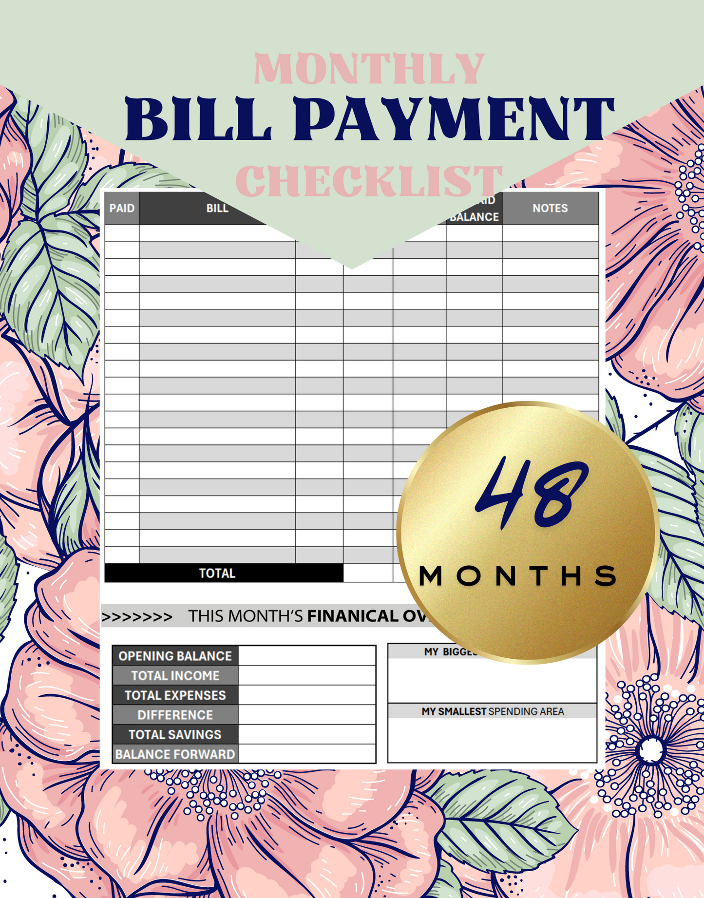 Floral Monthly Bill Payment Organizer